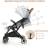 Passeggino Ultraleggero per Bambini 0-36 Mesi, Passeggino Compatto a Ombrello, per Viaggio, Aereo, Pieghevole, Regolabile, con Cintura di Sicurezza, Ruote, Freno, Parasole, Cesto, Grigio