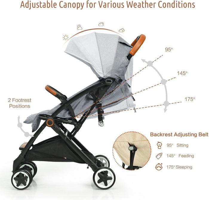 Passeggino Ultraleggero per Bambini 0-36 Mesi, Passeggino Compatto a Ombrello, per Viaggio, Aereo, Pieghevole, Regolabile, con Cintura di Sicurezza, Ruote, Freno, Parasole, Cesto, Grigio