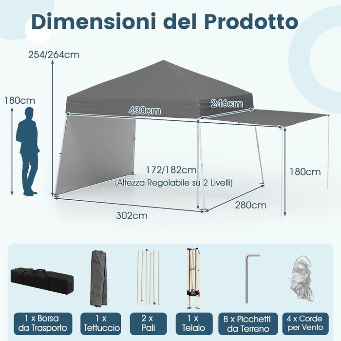 Gazebo Pieghevole 430 x 280 cm, Gazebo da Esterno con Pareti Laterali Convertibili in Tenda da Sole, 8 Picchetti, 4 Corde Antivento, Tendone Impermeabile per Feste (Grigio)