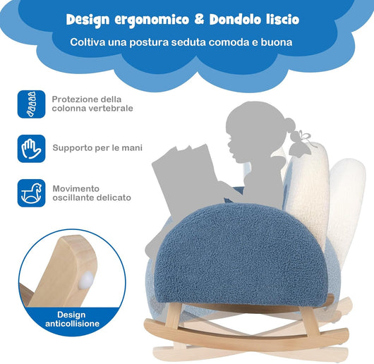 Sedia a Dondolo per Bambini con Gambe in Legno Massello, Poltrona per Bambini di 3-5 Anni, Divanetto Singolo Imbottito per Cameretta, 50,5 x 49 x 50,5 cm, Portata 50 kg (Blu)
