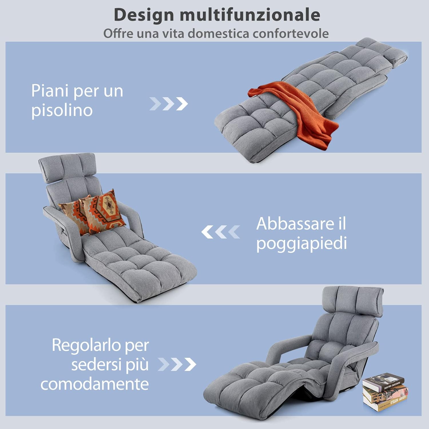 Poltrona Salotto da Terra, Sedie Pieghevoli Imbottita Chaise Longue Reclinabile in 5 Posizioni, con Regolabili Braccioli Schienale, per Yoga Relax Meditazione, 195x73x19 cm(Grigio)