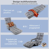 Poltrona Salotto da Terra, Sedie Pieghevoli Imbottita Chaise Longue Reclinabile in 5 Posizioni, con Regolabili Braccioli Schienale, per Yoga Relax Meditazione, 195x73x19 cm(Grigio)