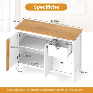 Credenza Buffett da Cucina con Armadietto a 2 Ante con Ripiano Regolabile su 3 Livelli, Mobile da Sala Pranzo con 3 Cassetti, Credenza Salvaspazio per Soggiorno e Salotto, 106 x 40 x 80 cm
