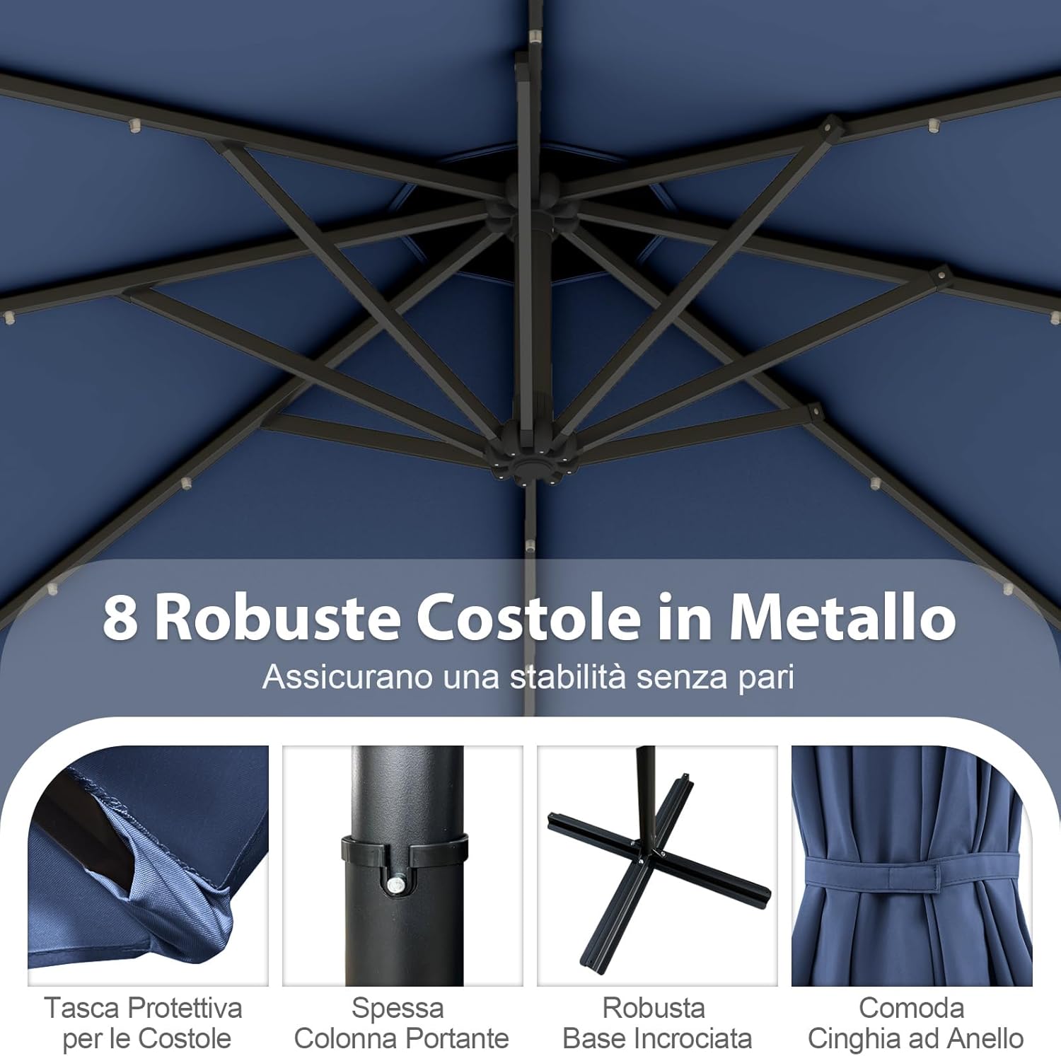 Ombrellone da Giardino ∅300 cm con 32 Luci LED, Ombrellone Prendisole con Rotazione di 360°, Inclinazione Regolabile, 8 Stecche, Manovella, per Giardino Piscina Cortile (Blu Scuro)