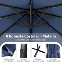 Ombrellone da Giardino ∅300 cm con 32 Luci LED, Ombrellone Prendisole con Rotazione di 360°, Inclinazione Regolabile, 8 Stecche, Manovella, per Giardino Piscina Cortile (Blu Scuro)