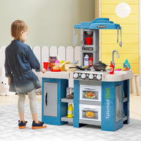 Cucina Giocattolo con Set di Accessori Cibo e Utensili, Cucina per Bambini con Suoni e Luci, Lavandino, Rubinetto, Scaffali, Forni e Fornelli, per Bambini 3+ Anni (Blu)