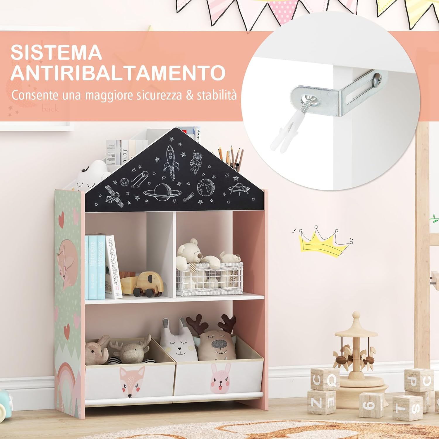 Libreria per Bambini, Organizzatore in Legno a Forma di Casa Bambole, con 2 in 1 Lavagne 4 Scomparti 2 Ripiani e 2 Cassetti, per Stanza Giochi Camera da Letto, 63x27x90 cm (Rossa)