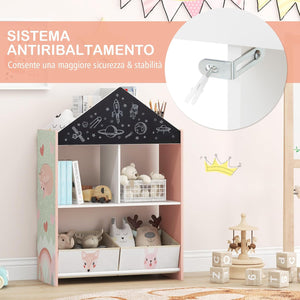 Libreria per Bambini, Organizzatore in Legno a Forma di Casa Bambole, con 2 in 1 Lavagne 4 Scomparti 2 Ripiani e 2 Cassetti, per Stanza Giochi Camera da Letto, 63x27x90 cm (Rossa)