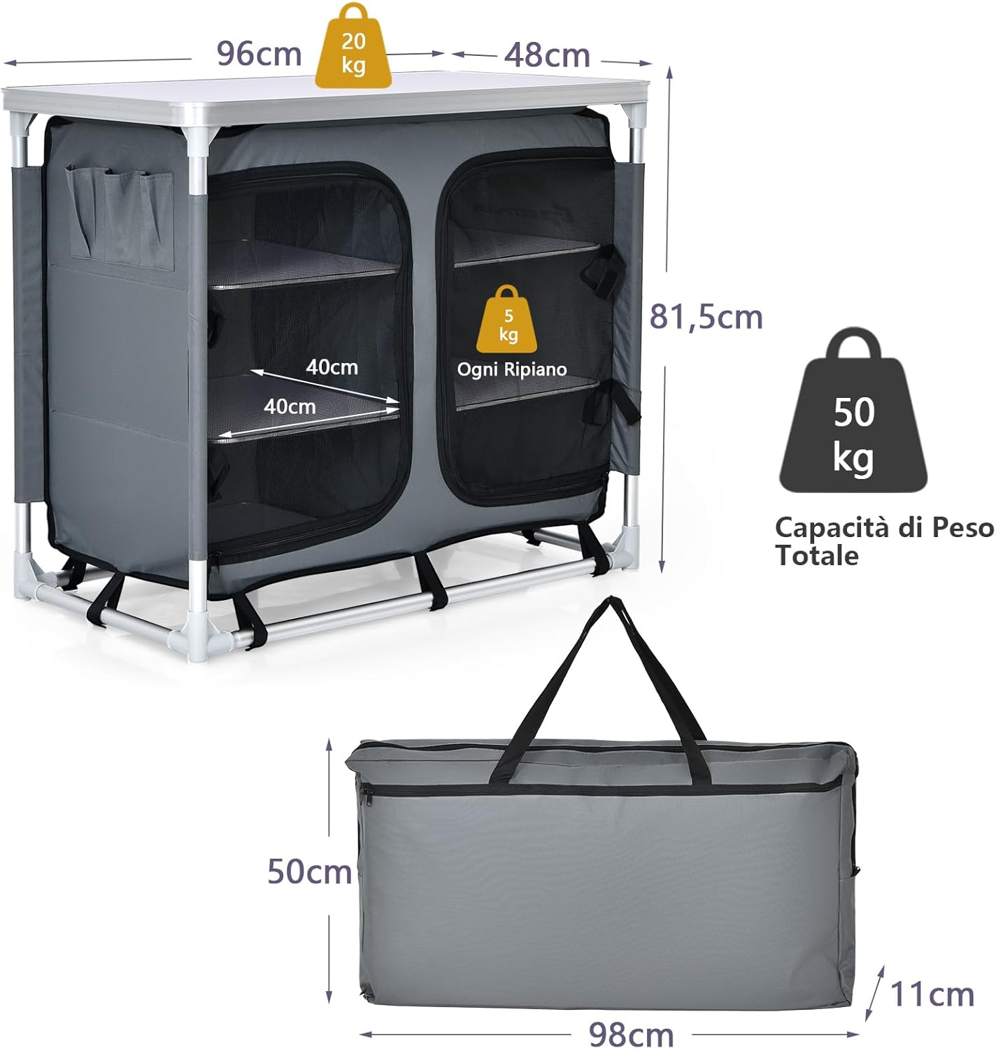 Cucina Portatile Cucina per Esterno Tavolo da Campeggio Pieghevole, Tavolo per Griglia in Alluminio, con Contenitori, per Festa Griglia e Campeggio (Grigio)