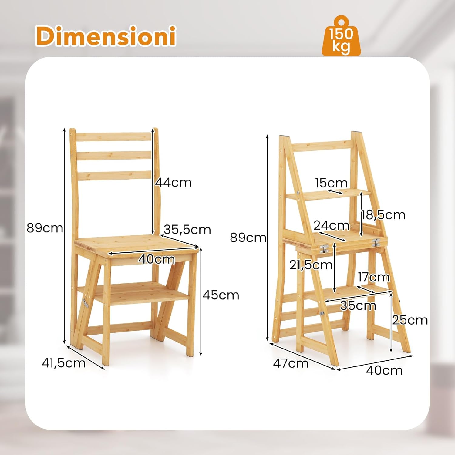 3 in 1 Sedia Scaletta Pieghevole, Sgabello Scaletta Convertibile a 3 Gradini con Struttura in Bambù, per Biblioteca, Cucina e Ufficio, Capacità 150 kg
