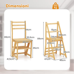 3 in 1 Sedia Scaletta Pieghevole, Sgabello Scaletta Convertibile a 3 Gradini con Struttura in Bambù, per Biblioteca, Cucina e Ufficio, Capacità 150 kg
