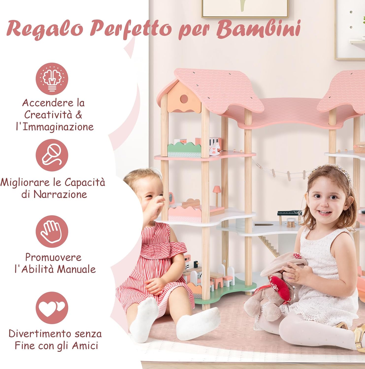 Casa delle Bambole in Legno, Casa delle Bambole a 3 Piani con 7 Stanze e Mobili, Accessori Realistici, per Bambini 3-8 Anni, 100 x 48 x 85,5 cm