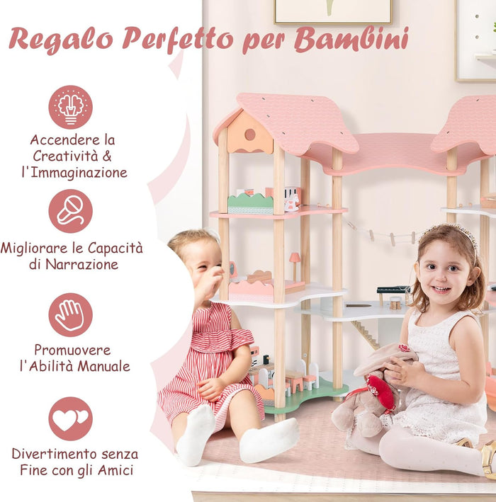 Casa delle Bambole in Legno, Casa delle Bambole a 3 Piani con 7 Stanze e Mobili, Accessori Realistici, per Bambini 3-8 Anni, 100 x 48 x 85,5 cm