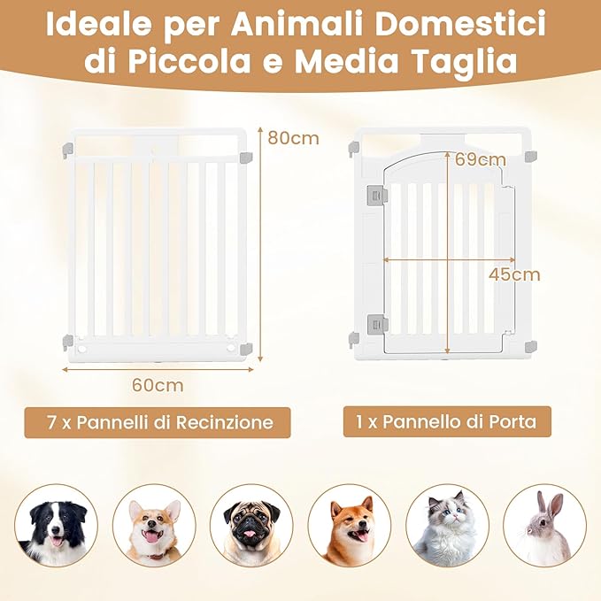 Pannello in Plastica per Cani a 8 Pannelli, Recinzione Portatile per Animali Domestici, Cancello Pieghevole con Porta di Sicurezza con Serratura per Cani, Recinto Pieghevole, 192 x 65 x 80 cm
