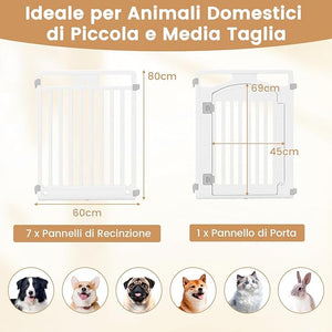 Pannello in Plastica per Cani a 8 Pannelli, Recinzione Portatile per Animali Domestici, Cancello Pieghevole con Porta di Sicurezza con Serratura per Cani, Recinto Pieghevole, 192 x 65 x 80 cm