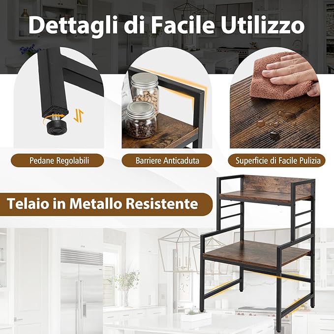 Supporto per Microonde a 3 Ripiani, Organizzatore da Cucina Industriale con 2 Mensole Aperte, Porta Spezie Salvaspazio con Struttura in Metallo, Carico 50 kg, 52x42x78 cm