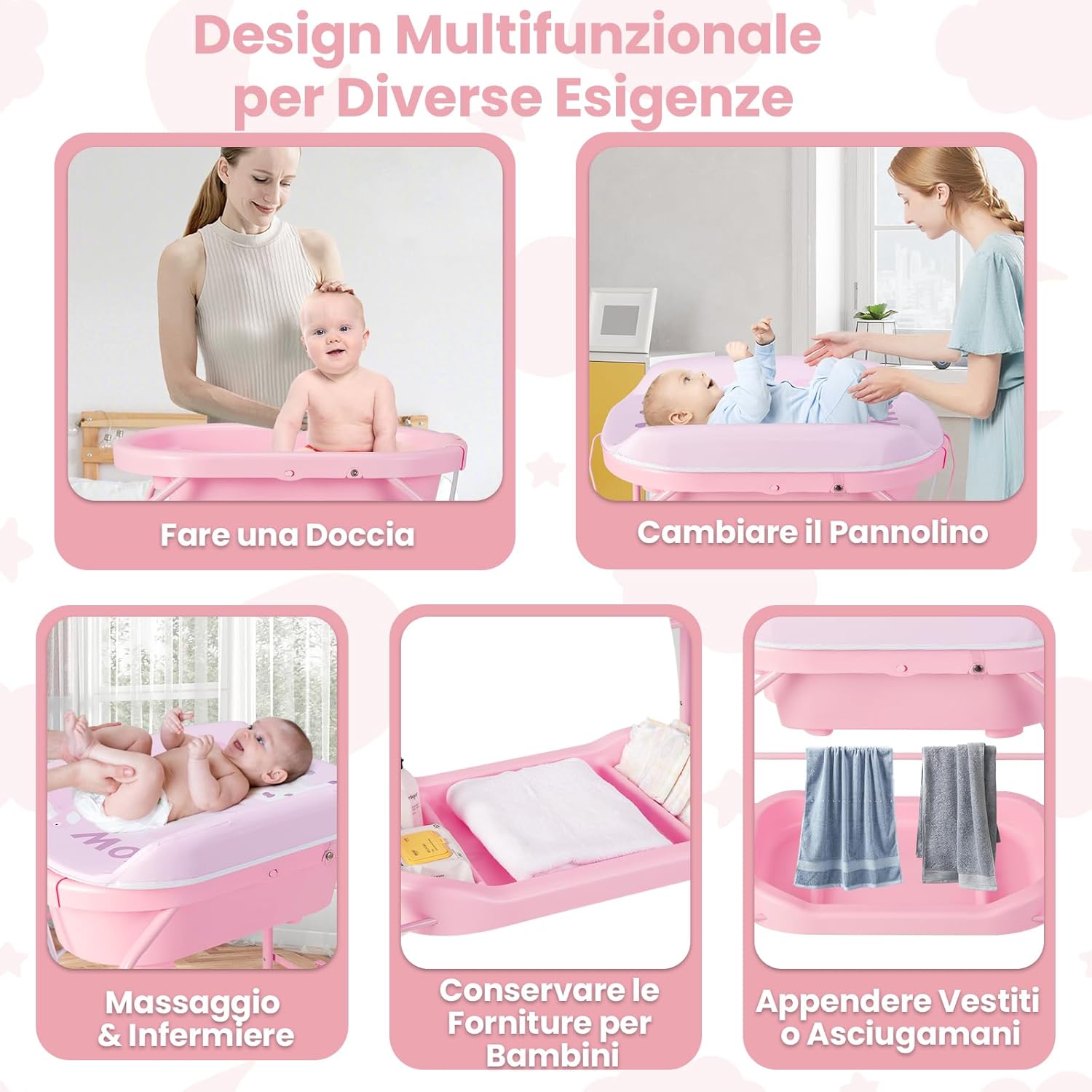 Fasciatoio con Vaschetta per Bambini, Vasca da Bagno per Neonati, Fasciatoio Pieghevole con Materassino, Cestino Portaoggetti, Ruote con Freno, Portata 35kg+15kg (Rosa)