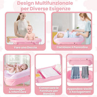 Fasciatoio con Vaschetta per Bambini, Vasca da Bagno per Neonati, Fasciatoio Pieghevole con Materassino, Cestino Portaoggetti, Ruote con Freno, Portata 35kg+15kg (Rosa)