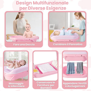 Fasciatoio con Vaschetta per Bambini, Vasca da Bagno per Neonati, Fasciatoio Pieghevole con Materassino, Cestino Portaoggetti, Ruote con Freno, Portata 35kg+15kg (Rosa)