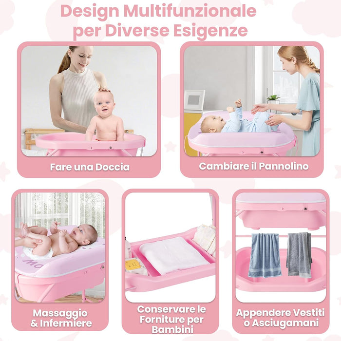 Fasciatoio con Vaschetta per Bambini, Vasca da Bagno per Neonati, Fasciatoio Pieghevole con Materassino, Cestino Portaoggetti, Ruote con Freno, Portata 35kg+15kg (Rosa)