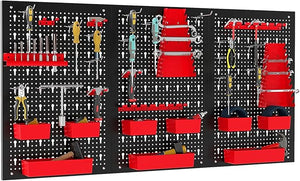 Pannello Forato da Muro, Organizzatore con 9 Contenitori, Supporti per Martelli, Portautensili e Ganci, Ideale per Garage e Officina (Rosso)