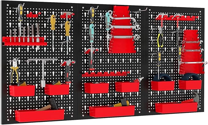 Pannello Forato da Muro, Organizzatore con 9 Contenitori, Supporti per Martelli, Portautensili e Ganci, Ideale per Garage e Officina (Rosso)