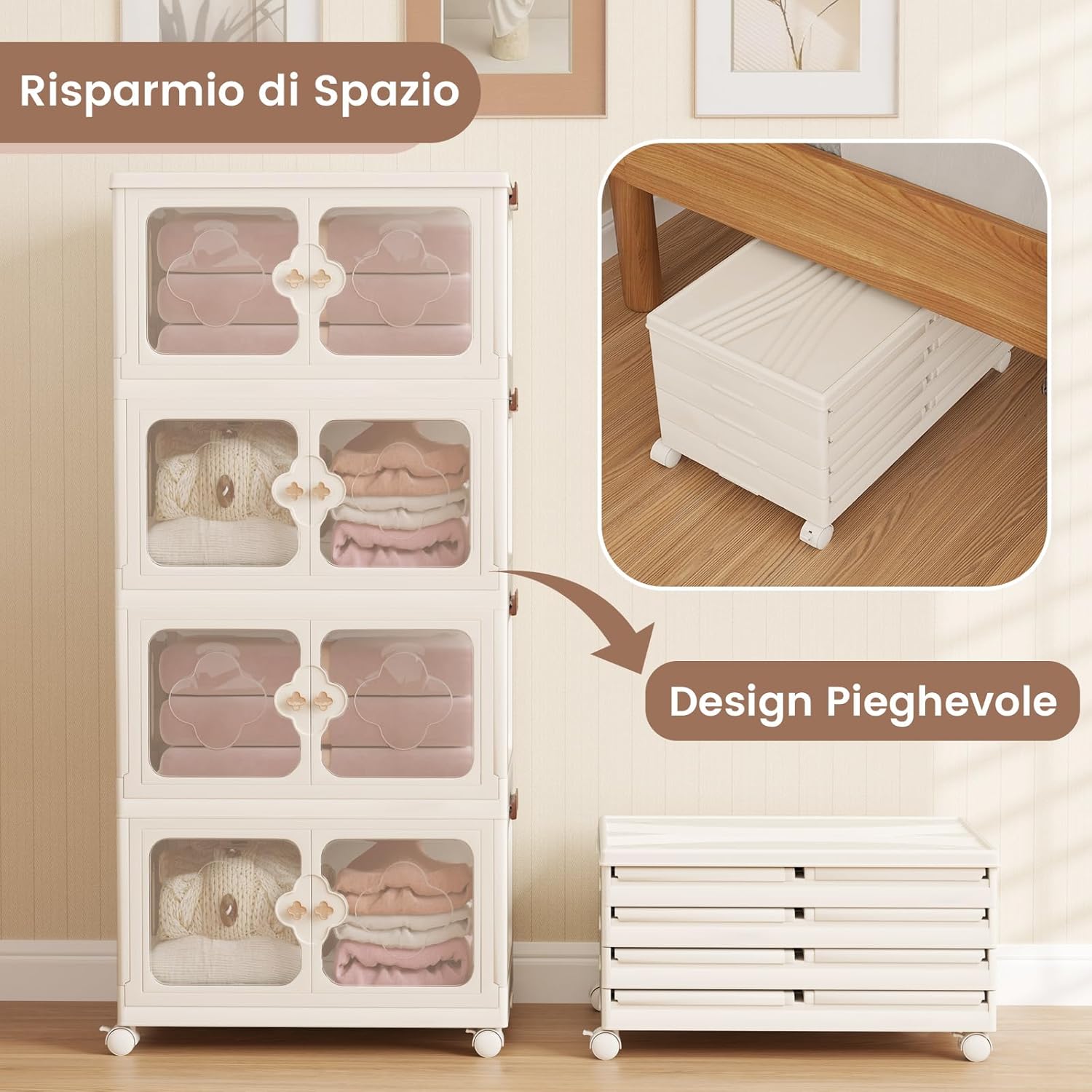Scatole Immagazzinaggio Impilabili e Pieghevole con Ruote, Armadietto a 4 Ripiani con Ante e Coperchio, Contenitore Trasparente per Camera da Letto e Soggiorno, Bianco (59,5 x 35,5 x 130,5 cm)