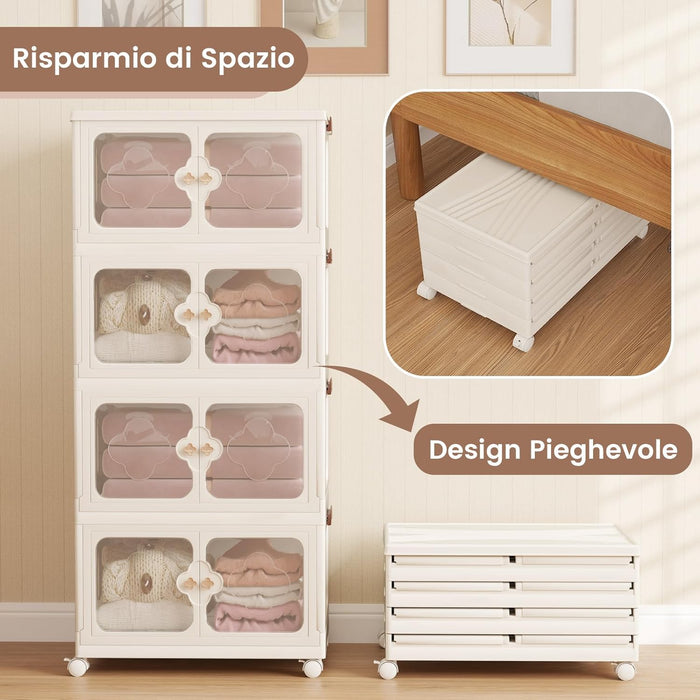 Scatole Immagazzinaggio Impilabili e Pieghevole con Ruote, Armadietto a 4 Ripiani con Ante e Coperchio, Contenitore Trasparente per Camera da Letto e Soggiorno, Bianco (59,5 x 35,5 x 130,5 cm)