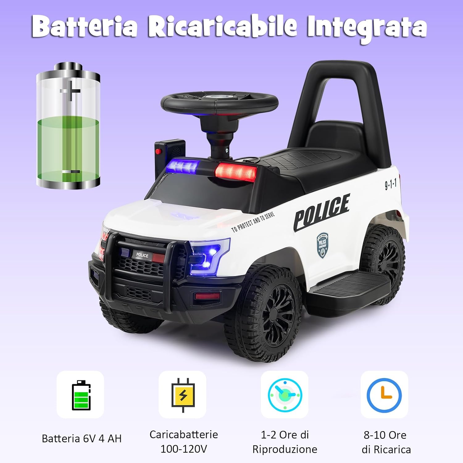 Auto Elettrica per Bambini, Auto della Polizia Giocattolo con Clacson Luce di Avvertimento e Suono della Sirena, Velocità 3 km/h, per Bambini 18-60 Mesi (Bianco)
