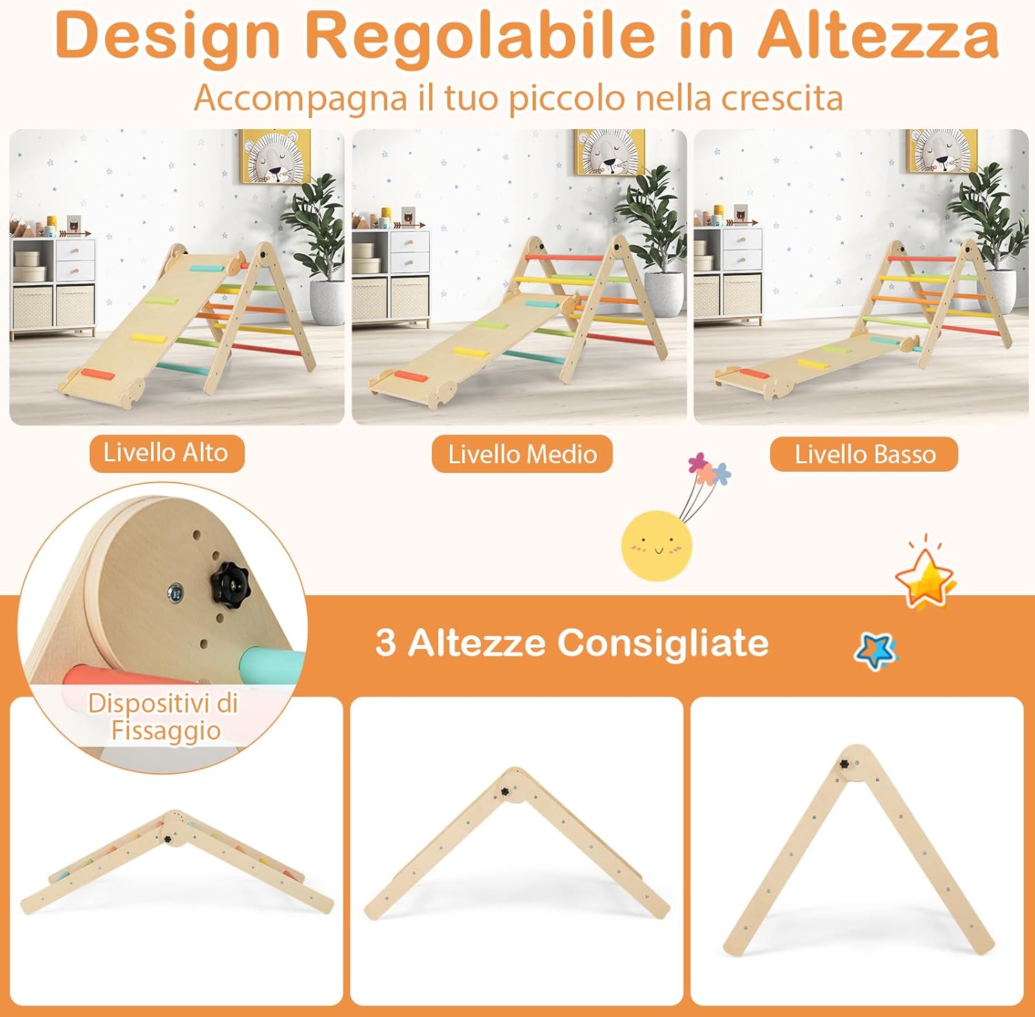 7 in 1 Set di Arrampicate per Bambini, Arrampicatore Pieghevole in Legno con Scivolo Reversibile, Dondolo e Arrampicata, Tavolo e Tunnel, per Bambini 3-14 Anni (Colorato)