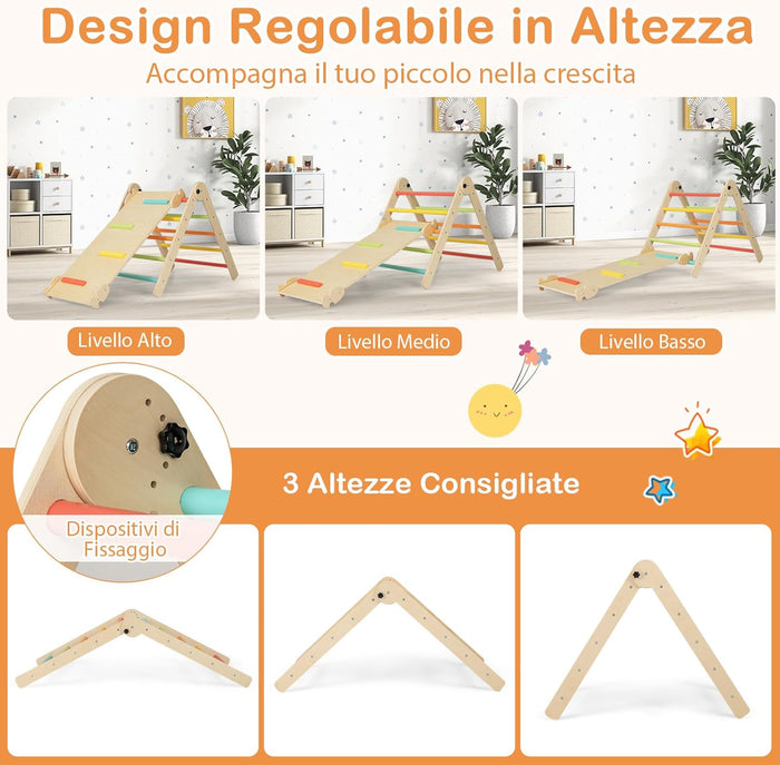 7 in 1 Set di Arrampicate per Bambini, Arrampicatore Pieghevole in Legno con Scivolo Reversibile, Dondolo e Arrampicata, Tavolo e Tunnel, per Bambini 3-14 Anni (Colorato)