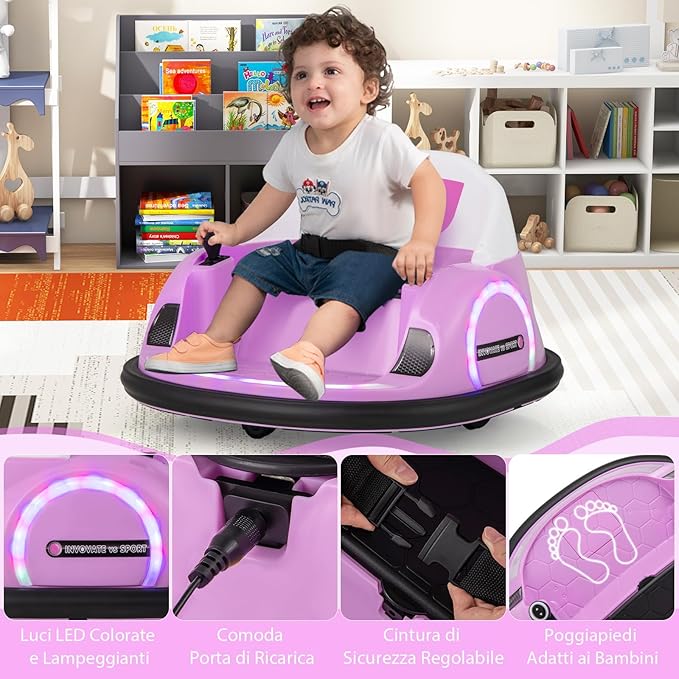 Autoscontro Elettrico per Bambini, Macchina Elettrica per Bambini con Luci LED, Connessione Wireless, Musica Giro a 360°, Macchina Cavalcabile per Bambini 18+ Mesi (Rosa)