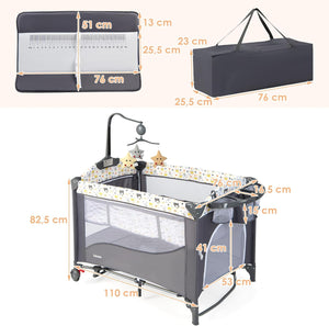 5-in-1 Lettino da Campeggio con Materasso, Lettino per Bambini con Fasciatoio, Lettino Pieghevole e Portabile, Altezza Regolabile in 5 Livelli, per Bambini 0-36 Mesi (Grigio+Beige)
