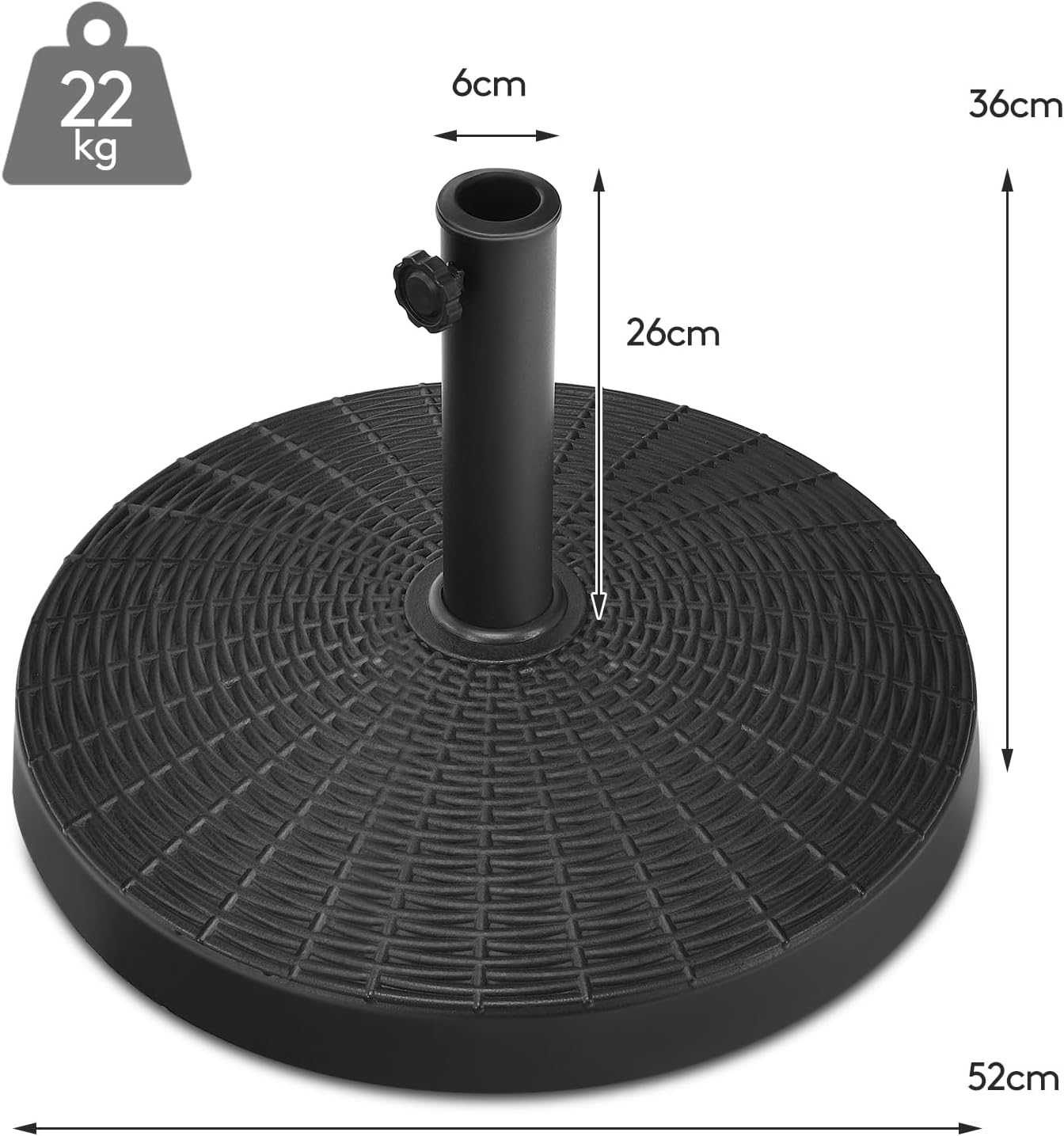 Base per Ombrellone da Giardino 22 kg, Supporto per Ombrellone da Esterno in Resina con Pomello Regolabile, Base Rotonda per Ombrellone 38mm/48 mm, 52 x 36 cm