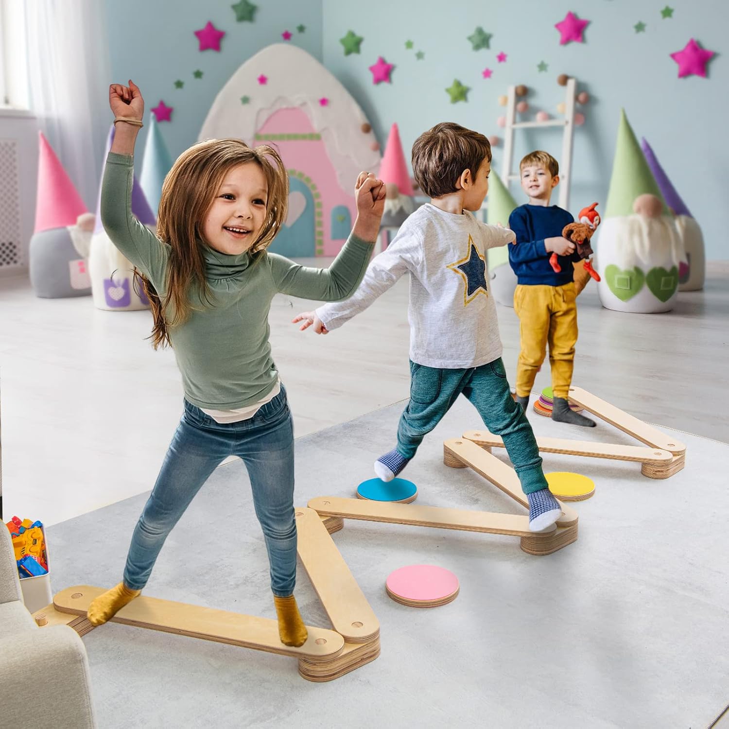 Trave Equilibrio in Legno, Pietre Miliari per Bambini, Trave da Ginnastica in Legno per Interni e Esterni, Ideale per Bambini dai 3 ai 7 anni, 70 x 10 x 1,8cm