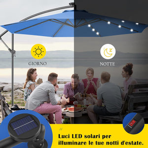 Ombrellone da Giardino con Luci LED, Diametro 3M, Ombrellone da Esterno con Inclinazione Regolabile e 8 Costole, Protezione UV, Ideale per Piscina, Balcone, Giardino, Bar (Blu)