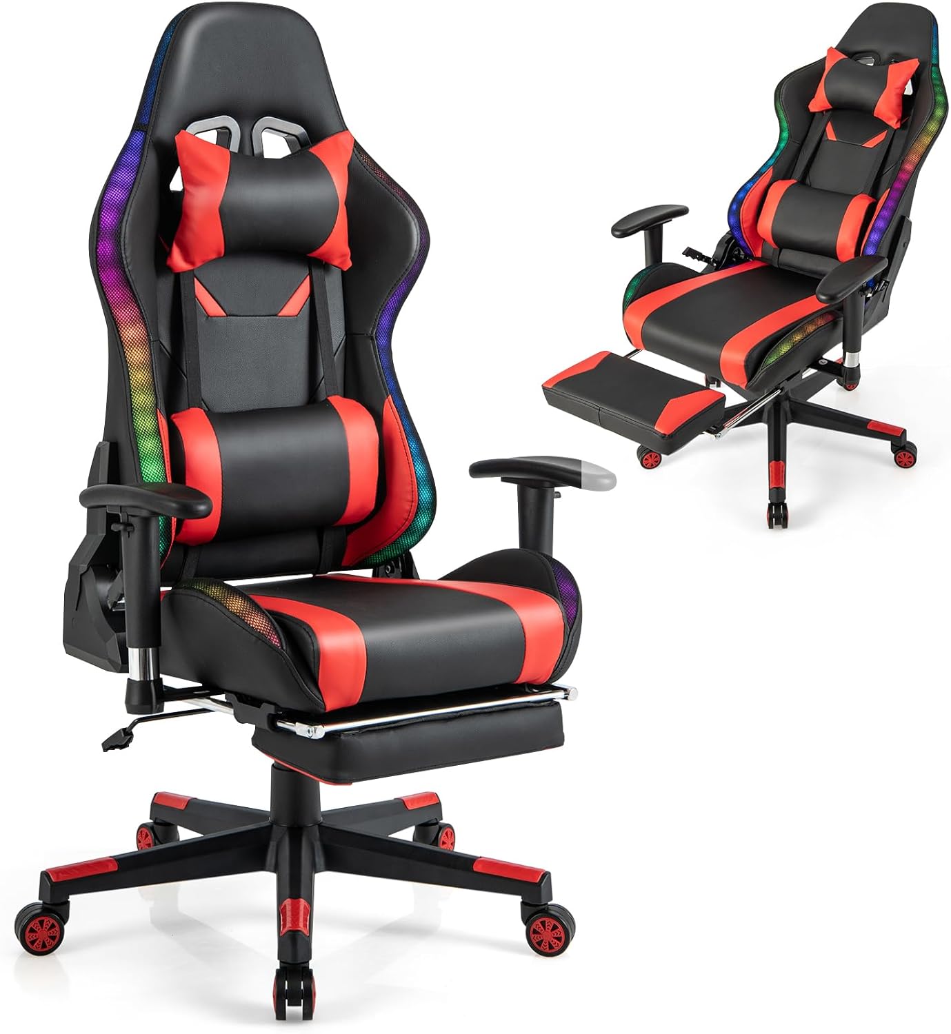 Sedia da Ufficio Ergonomica per Computer con Altezza Regolabile, Sedia da Gaming con Luci RGB LED, Schienale e Braccioli Regolabili, Poggiapiedi Estraibile e Supporto Lombare (Rosso)