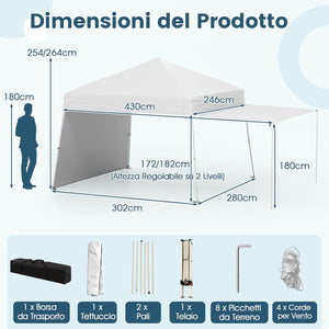 Gazebo Pieghevole 430 x 280 cm, Gazebo da Esterno con Pareti Laterali Convertibili in Tenda da Sole, 8 Picchetti, 4 Corde Antivento, Tendone Impermeabile per Feste (Bianco)