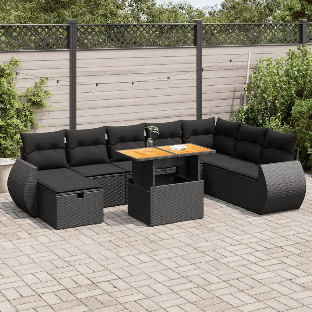 Set Divani da Giardino 9 pz con Cuscini Nero Polyrattan Acacia 3328070
