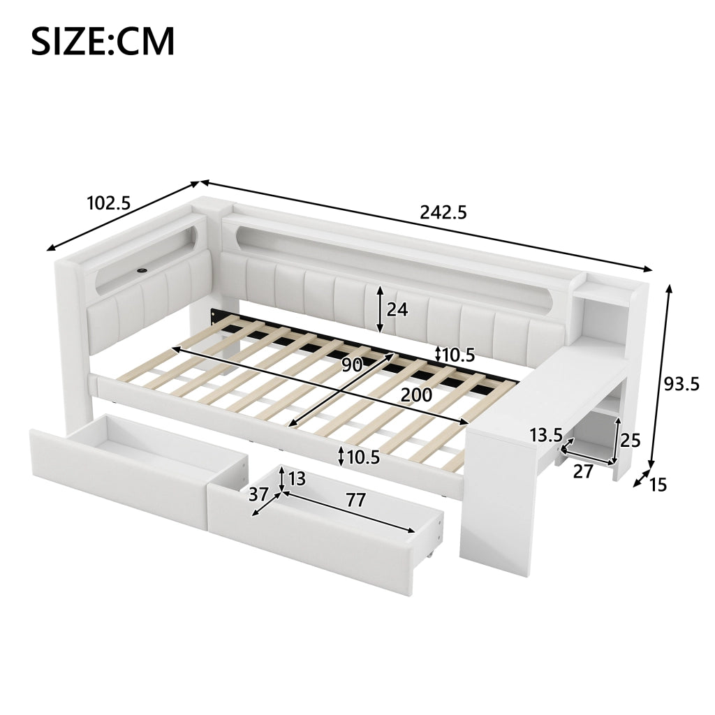 LETTO 90x200 cm bianco con LED, USB, scrivania e 2 cassetti
