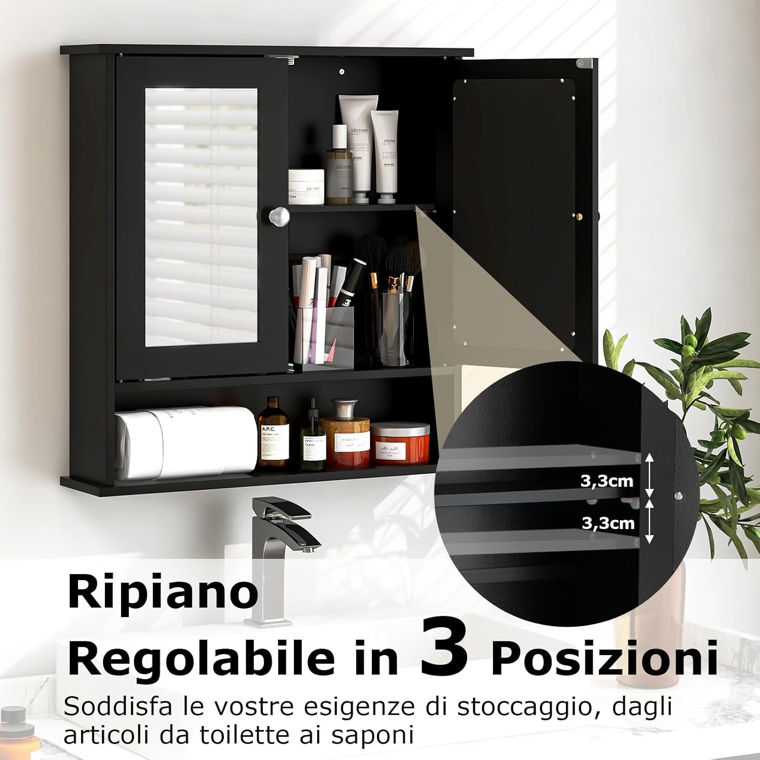 Armadietto da Bagno con Specchio, Armadietto da Parete con Ripiano Regolabile, Mobile da Parete per Bagno (Nero)