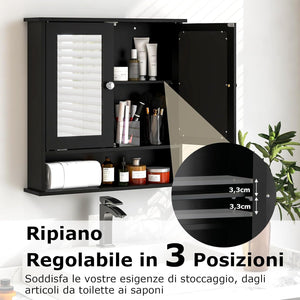 Armadietto da Bagno con Specchio, Armadietto da Parete con Ripiano Regolabile, Mobile da Parete per Bagno (Nero)