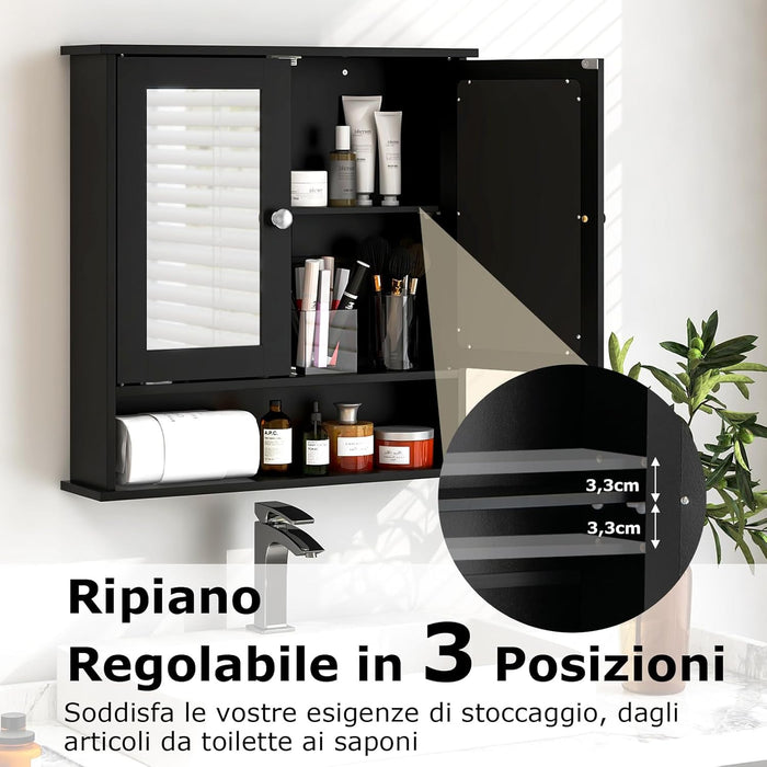 Armadietto da Bagno con Specchio, Armadietto da Parete con Ripiano Regolabile, Mobile da Parete per Bagno (Nero)