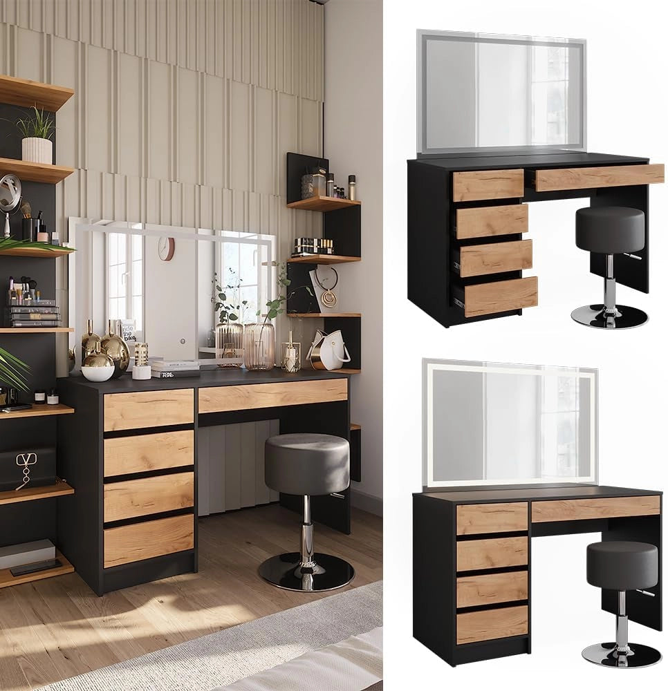 Vicco Tavolo da toilette Sherry, Antracite/quercia dorata, 120 x 75 cm con specchio LED e sgabello