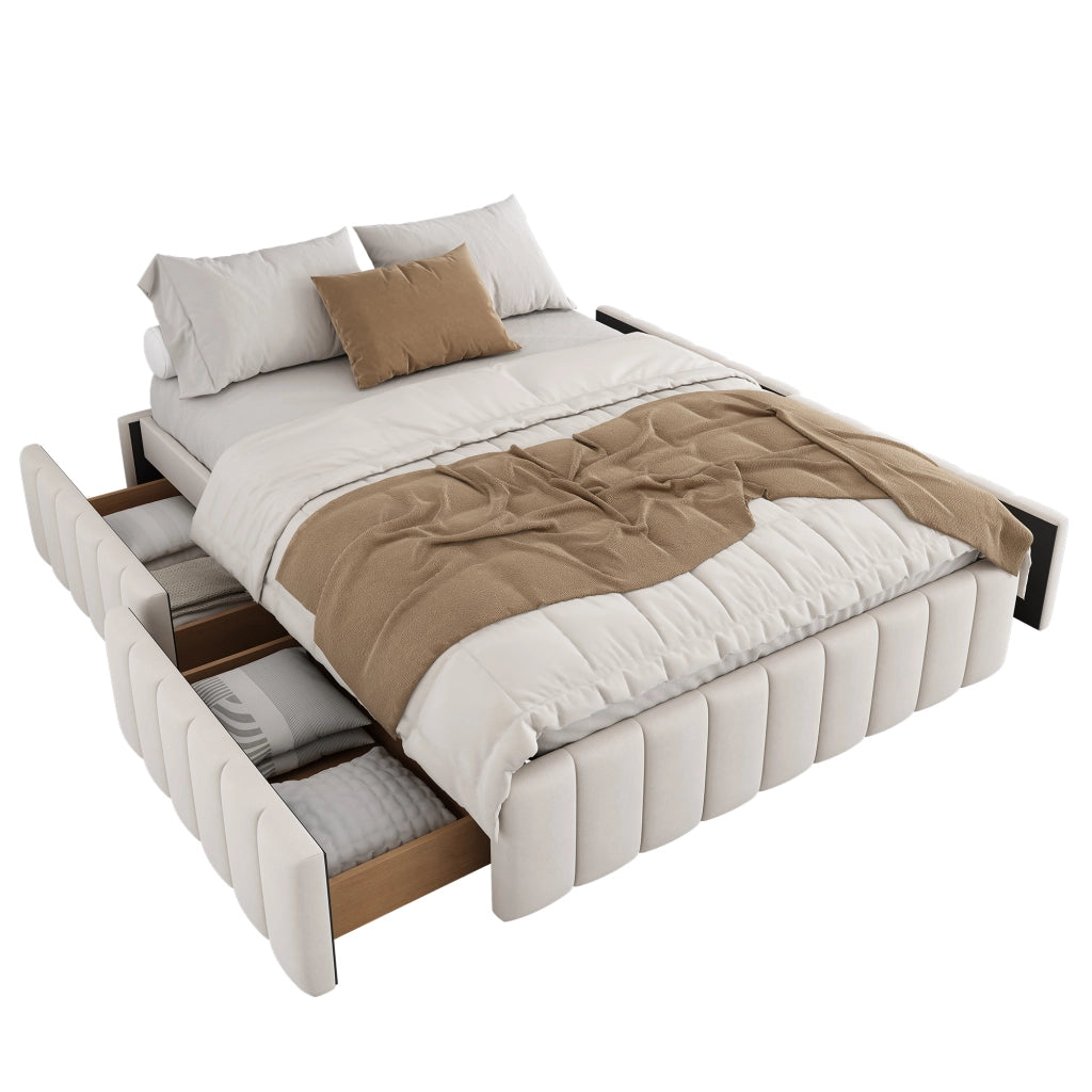 Letto con Cassetti 140x200 cm; Contenitore; 4 Cassetti e Spazio sotto il Letto - in Velluto - Beige