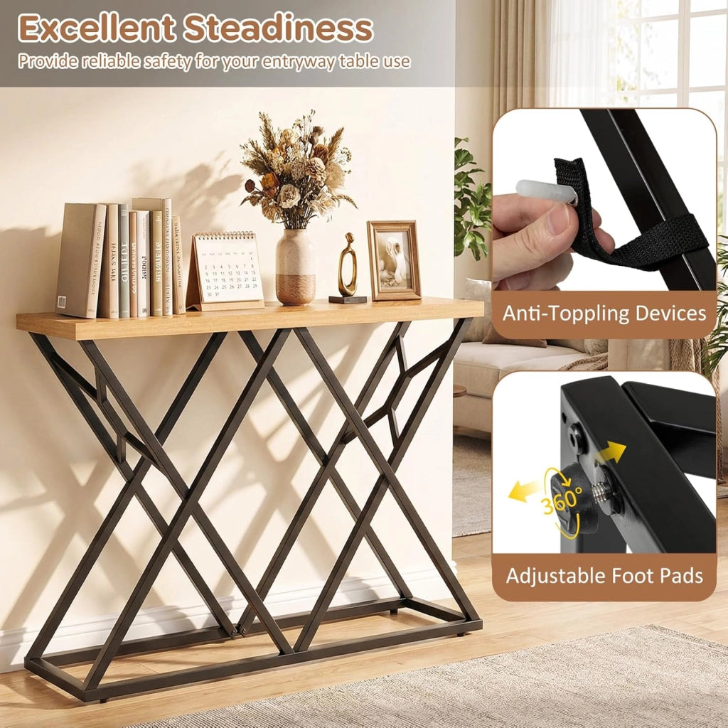 Tavolo Consolle 140 cm, Tavolo Divano con Struttura in Metallo Solido e Spazio di Stoccaggio, Tavolino Stretto in Industriale per Soggiorno, Camera da Letto, Entrata e Corridoio