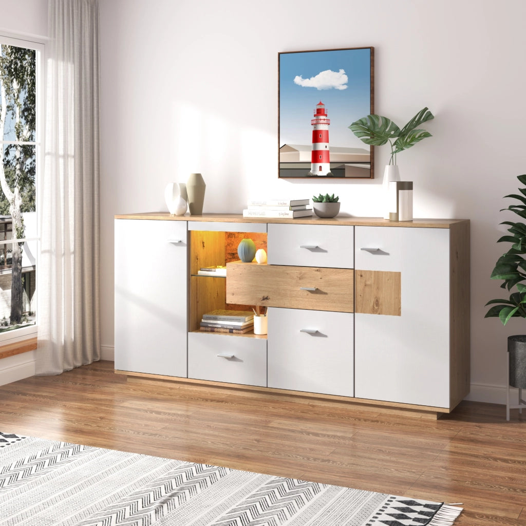 OKWISH Credenza Contenitore con 2 Ante e 4 Cassetti, Ripiani Regolabili e LED, per Soggiorno, MDF, 160 x 40 x 77 cm
