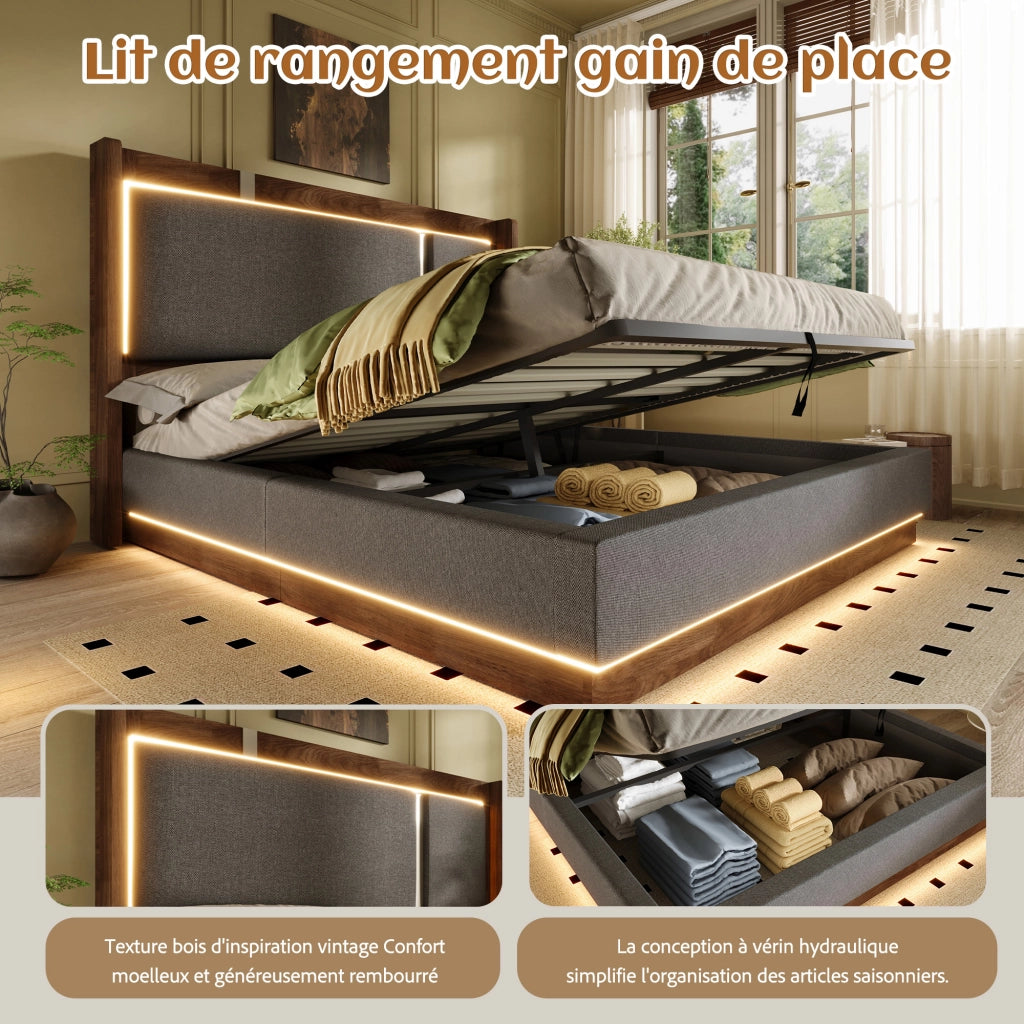 Letto giovane 90x200 LED idraulico lino grigio/noce