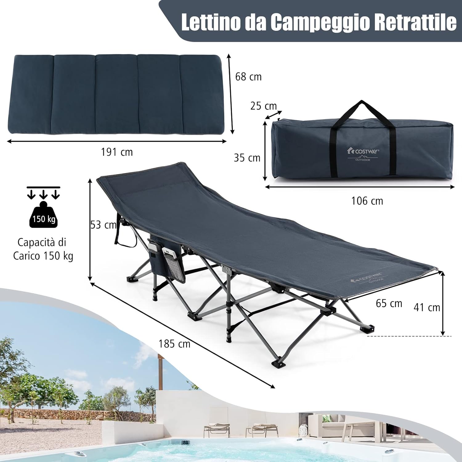 Letto Brandina Pieghevole con Materasso e Cuscino Rimovibili, Borsa da Trasporto, con Struttura Metallica Resistente, per Casa, Ufficio, Campeggio, Carico Fino a 150 kg