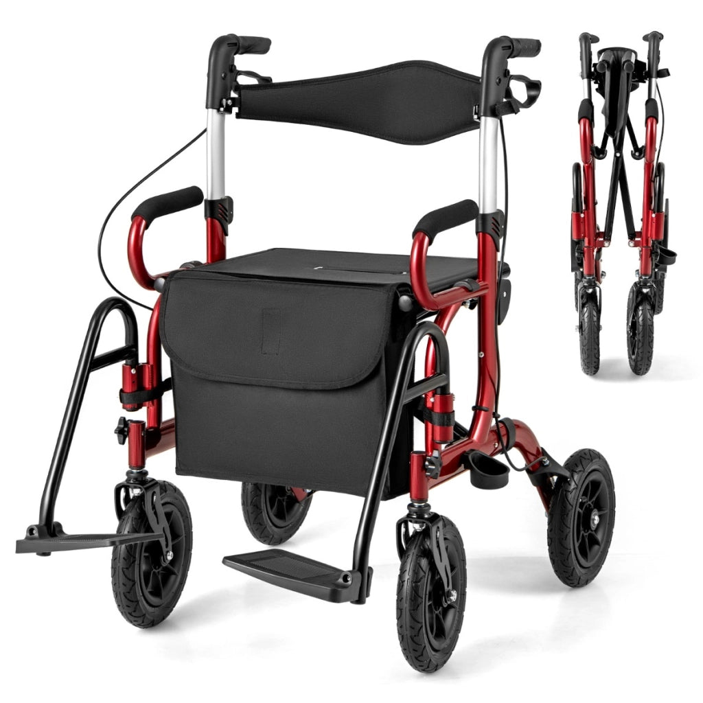 Deambulatore pieghevole per anziani con ruote 2 in 1, Deambulatore pieghevole 23 cm per tutti i terreni Rosso-Salute e bellezza